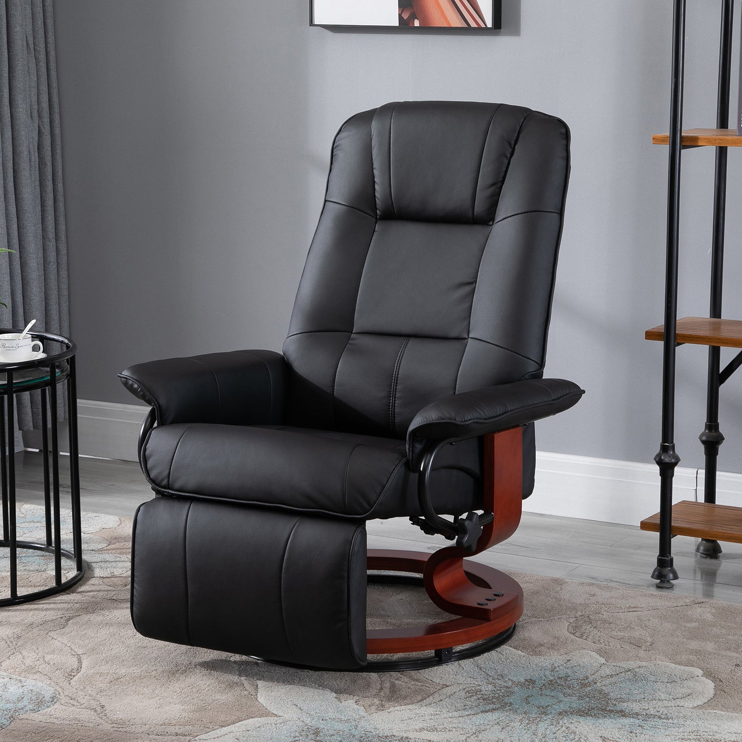 Relaxfauteuil – Relaxstoel – Draaifauteuil – Zwarte Relaxstoel – Fauteuil Zwart – Verstelbare Rugleuning Tot 145° – 360° Draaibare Basis Met Houten Voet