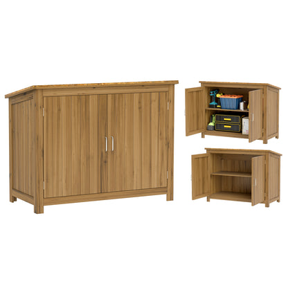 Outsunny Wooden Garden Shed with Slanted Roof, 2 Shelves & 2 Doors, Weather-Resistant Tool Cabinet, 110 x 50 x 85 cm, Brown