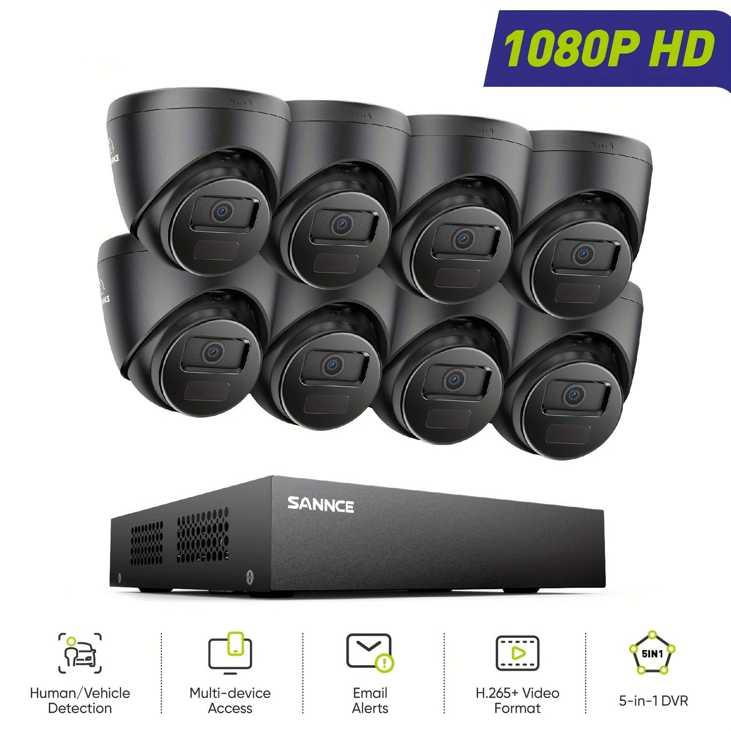 Beveiligingscamera Set 1080p Full HD – Surveillance Camera – Bewakingscamera – CCTV Camera – Dome Camera – 8 Camera’s Zonder Harde Schijf – Intelligente Detectie – 5-in-1 DVR Recorder