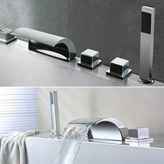 Quiltern Modern Waterfall Bath Faucet - Edge Mount 5-Hole Installation for 1/2" Hose, Brass & Chrome Bathroom Sink/Fixture with Spiral Drain & Valve