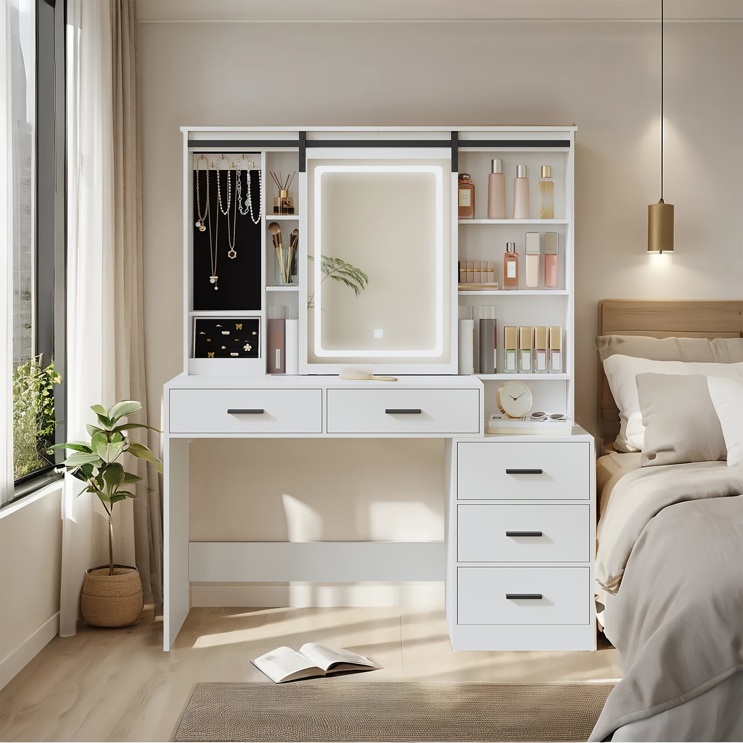 Make-upspiegel – Beautyspiegel – Vanity Spiegel – Dressing Table – Make-uptafel – Verstelbare LED-verlichting – Grote Verwijderbare Spiegel Met Sieradenopslag