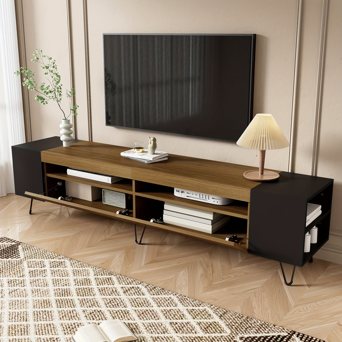 Modern TV Stand 180cm - Black & Wood Finish Engineered Wood & Composite Construction, Minimalist Design with Open Shelves & Closed Storage, Sturdy Metal Legs for Living Room, Bedroom, Home Theater, Tv Table for Living Room