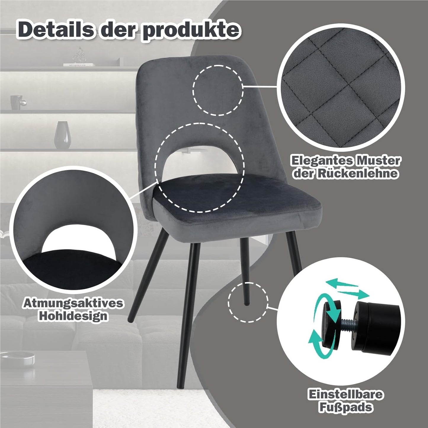 Eetkamerstoel – Stoel – Kuipstoel – Keukenstoel – Woonkamerstoel – Gestoffeerd – Metalen Onderstel – Zithoogte 51 cm – Max. Draagvermogen 150 kg