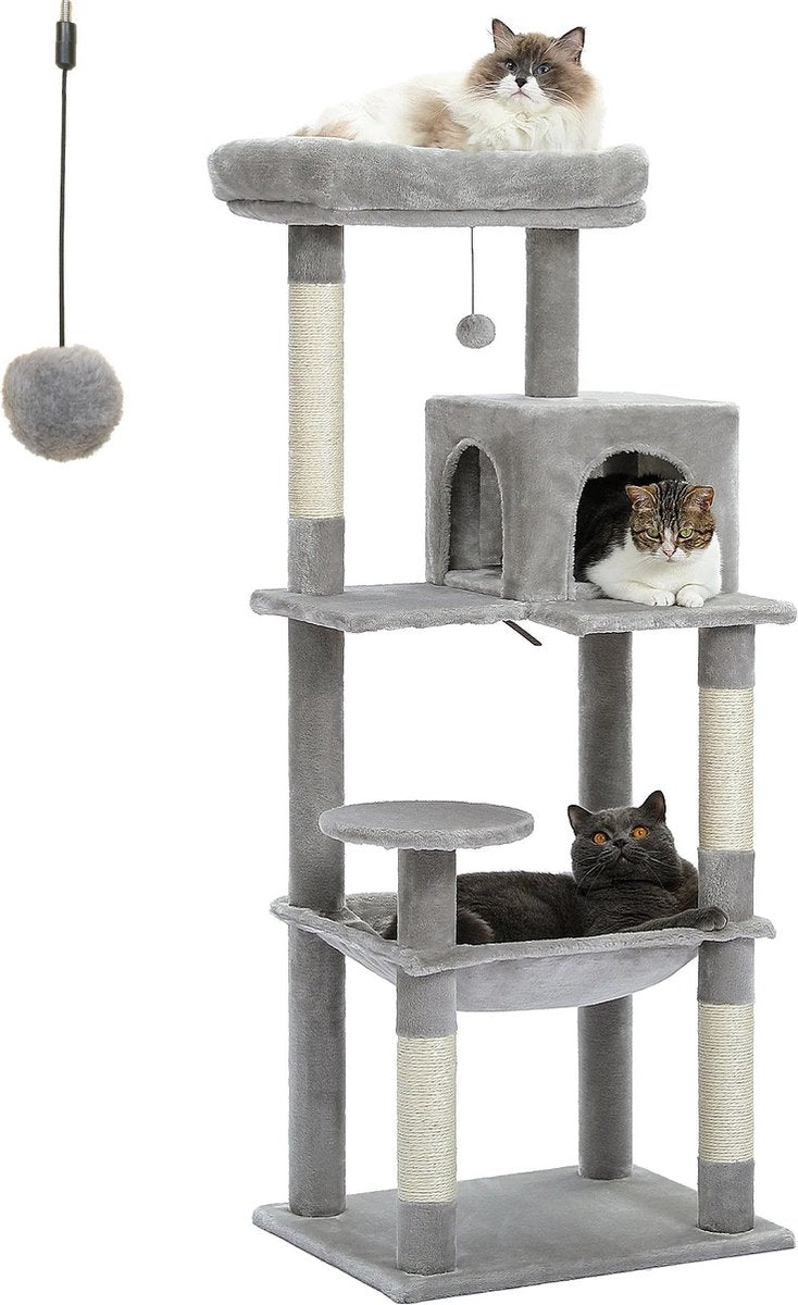 Multilevel Kattenboom - 5 verdiepingen - Inclusief Hangmat - Met Krabpalen en leuk speeltje - Voor grote katten - Grijs