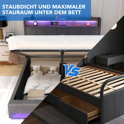 Bedframe met Opbergruimte – Tweepersoonsbed – Gestoffeerd Bed – Opbergbed – Ruimtebesparend Bed – 160x200 cm – Linnen Bekleding – Hydraulisch Hefmechanisme