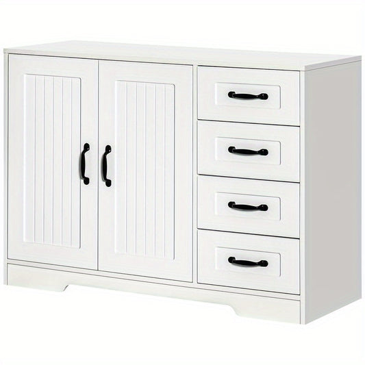 Modern White Sideboard Cabinet with 4 Drawers & Storage Door - Heavy-Duty Hardwood Construction, Contemporary Minimalist Design with Black Knobs, Space-Saving Vertical Storage for Living Room, Hallway, Small Spaces - Easy Ass