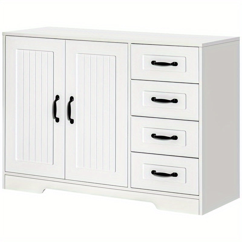 Modern White Sideboard Cabinet with 4 Drawers & Storage Door - Heavy-Duty Hardwood Construction, Contemporary Minimalist Design with Black Knobs, Space-Saving Vertical Storage for Living Room, Hallway, Small Spaces - Easy Ass