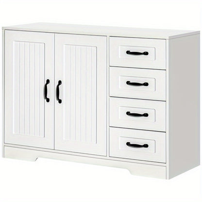 Modern White Sideboard Cabinet with 4 Drawers & Storage Door - Heavy-Duty Hardwood Construction, Contemporary Minimalist Design with Black Knobs, Space-Saving Vertical Storage for Living Room, Hallway, Small Spaces - Easy Ass