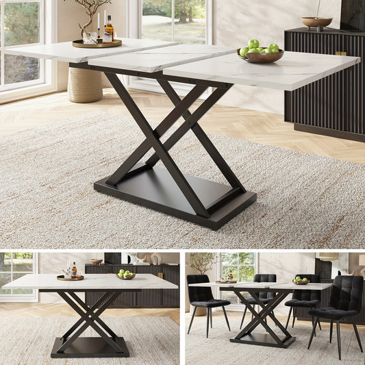 Uitklaptafel – Klaptafel – Inklapbare Tafel – Uitschuifbare Eettafel – Ruimtebesparende Design – 120-160x80 cm – Wit Marmerlook Met Walnoot – Zwarte Gekruiste Metalen Poten