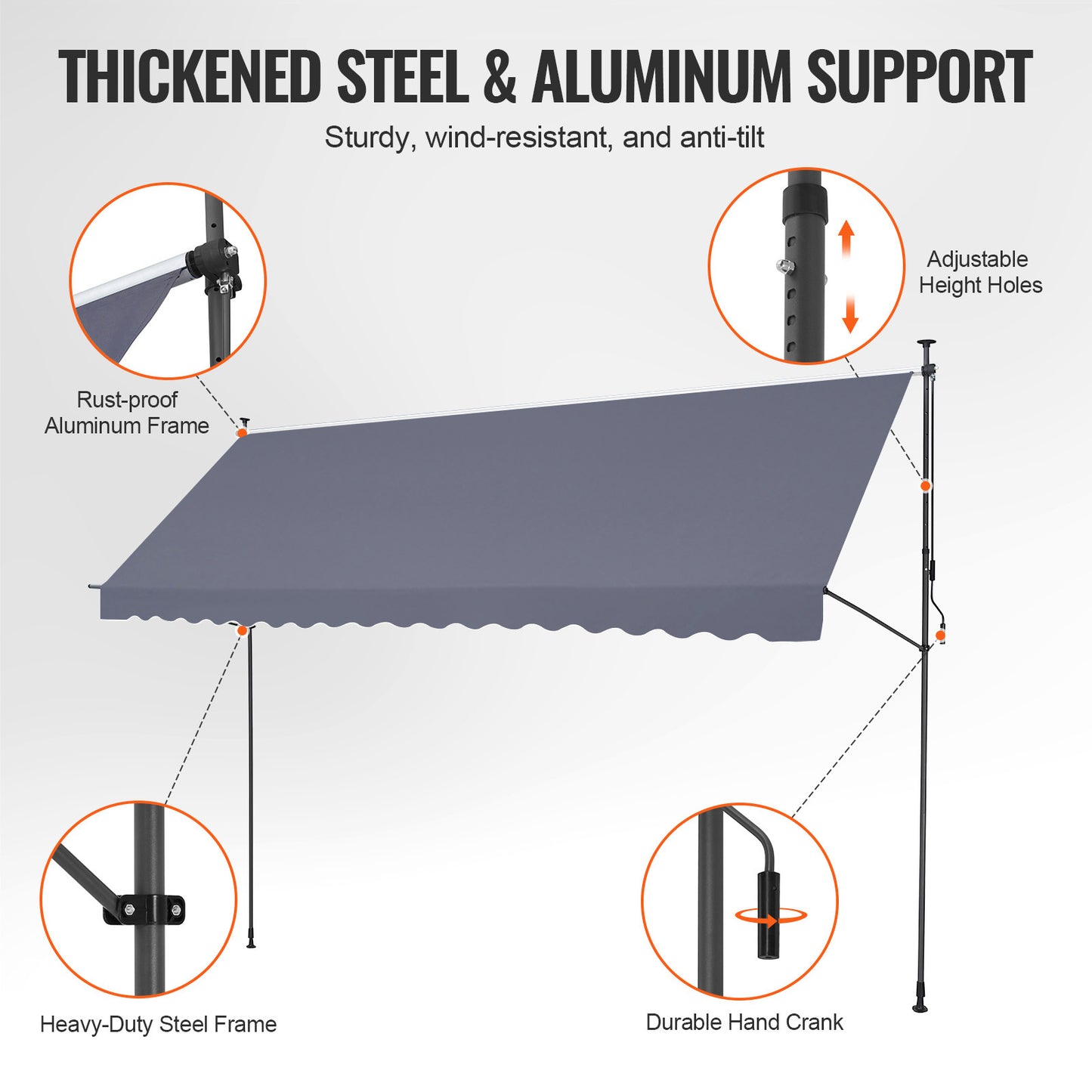 Uitvalscherm Zonwering – Balkon, Terras, Markies, Zonnescherm – Grijs – UV-Bescherming PU-Coating – Verstelbaar 218-309 cm Hoogte