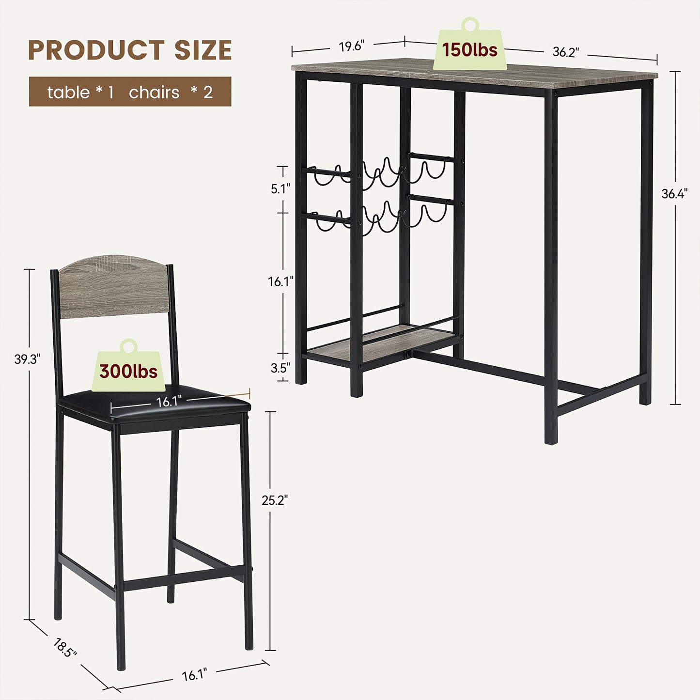 Compact Barkrukset Voor Twee – Bartafel Set – Hoog Tafel Met Stoelen – Keuken Eettafel – Counter Hoogte Kruk – Robuust Houten Ontwerp – Gemakkelijk In Te Zetten – Grijs
