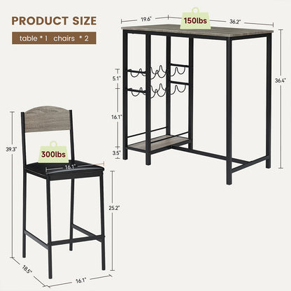 Compact Barkrukset Voor Twee – Bartafel Set – Hoog Tafel Met Stoelen – Keuken Eettafel – Counter Hoogte Kruk – Robuust Houten Ontwerp – Gemakkelijk In Te Zetten – Grijs