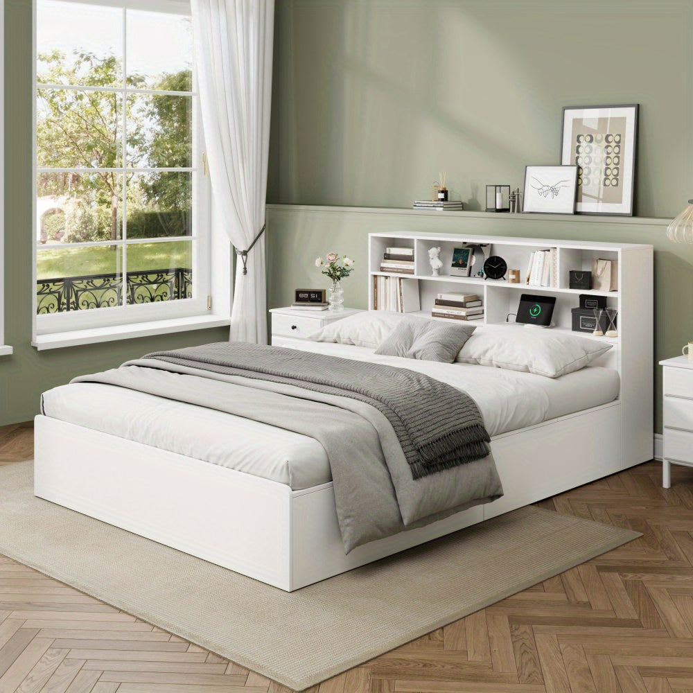 Opbergbed – Tweepersoonsbed – Bed met Opbergruimte – Massief Houten Bed – Functioneel Bed – Wit Design – 140x200 cm – Ruime Lade Onder Bed