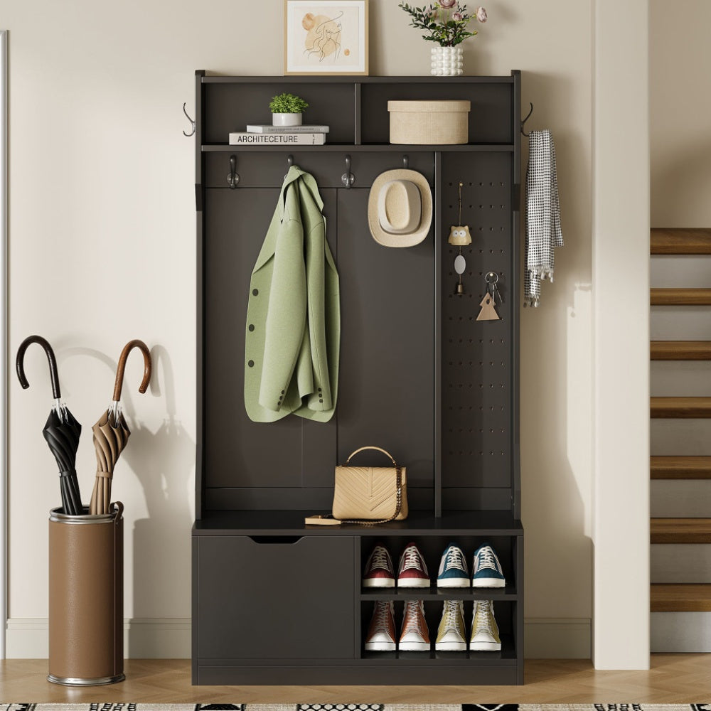 Kapstok – Garderoberek – Wandkapstok – Garderobe – Staande Kapstok – Compleet Garderobekast Met Bankje – 6 Haken – 100x185,5x40 cm – Zwart – Hoogwaardig Spaanplaat