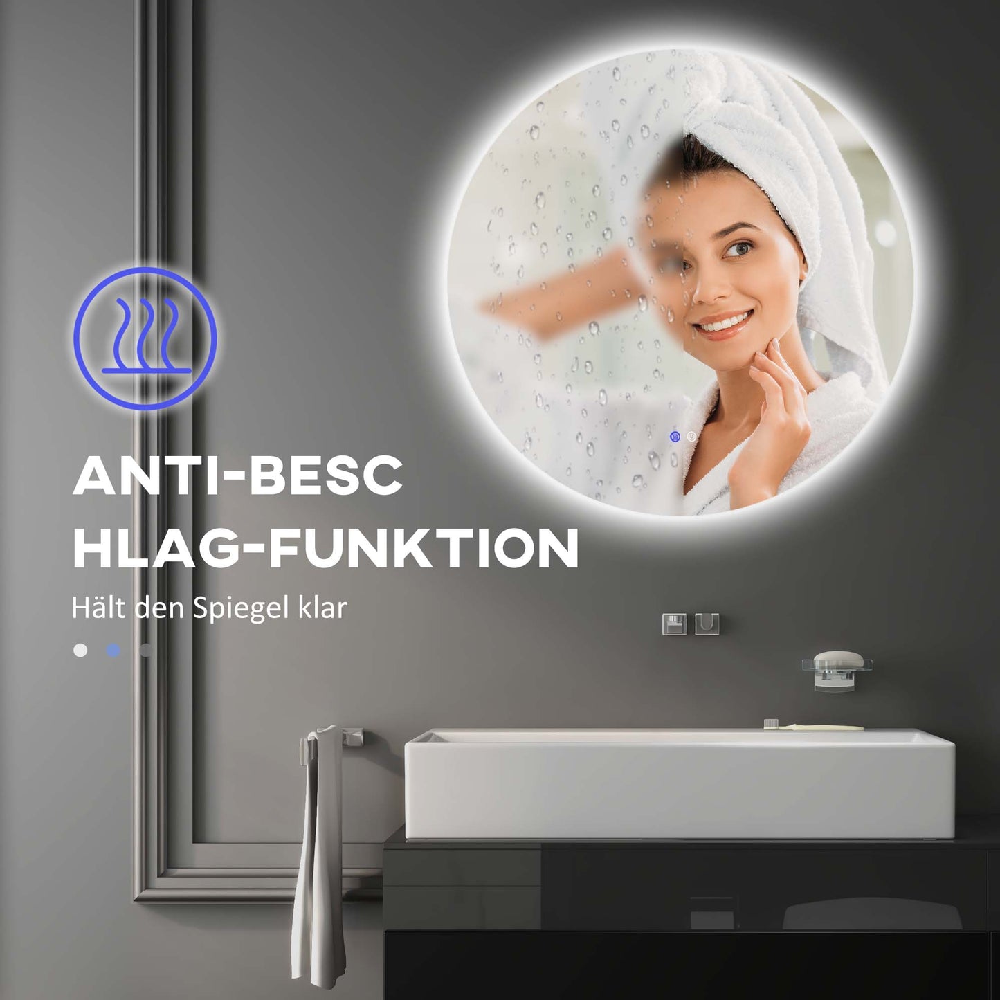 Badkamerspiegel – Spiegel – LED Spiegel – Verlichte Spiegel – Ronde Spiegel – Wit – Kleurwisselend LED Licht – Anti-Fog Functie – Ø 60 cm – IP44 Waterbestendig