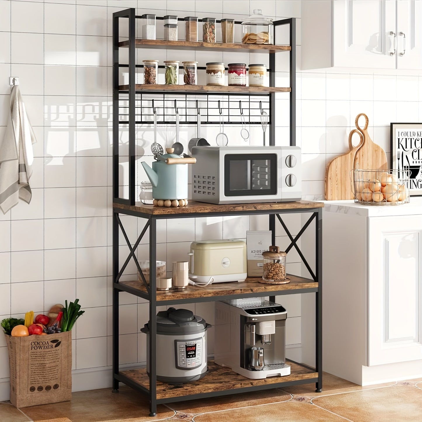 Keukeneiland – Keukenkast – Keukentrolley – Kookeiland – Servicewagen – Industrieel Design – 5 Niveaus Met 6 Haken – Robuust Met MDF En Metaal - Vintage Bruin