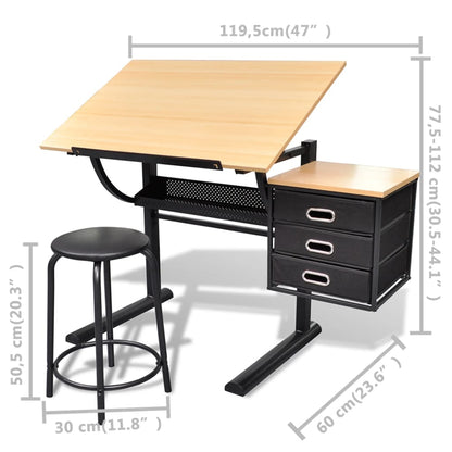 Tekentafel – Tekentafel Met Kruk – Tekenbureau – Tekentafel Met Laden – Tekentafel Kantelbaar – Kantelbaar Tafelblad – 3 Uittrekbare Laden – Comfortabele Zachte Kruk – Bruin