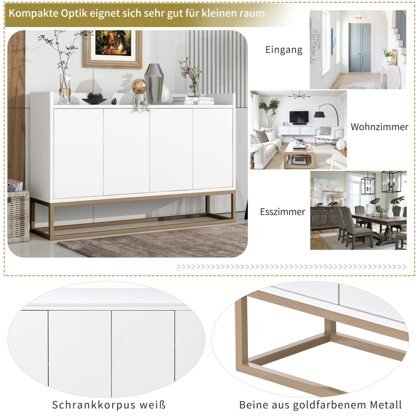 Dressoir – Kast – Sideboard – Buffetkast – Opbergkast – Wit 120x30x80 cm – Metalen Poot – Verstelbare Legplanken
