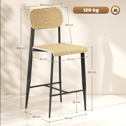 Barstoel – Barkruk – Keukenstoel – Barstoel Set – Kruk – Industrieel Design – Natuurlijk Hout – Zithoogte 66 cm – Met Voetensteun