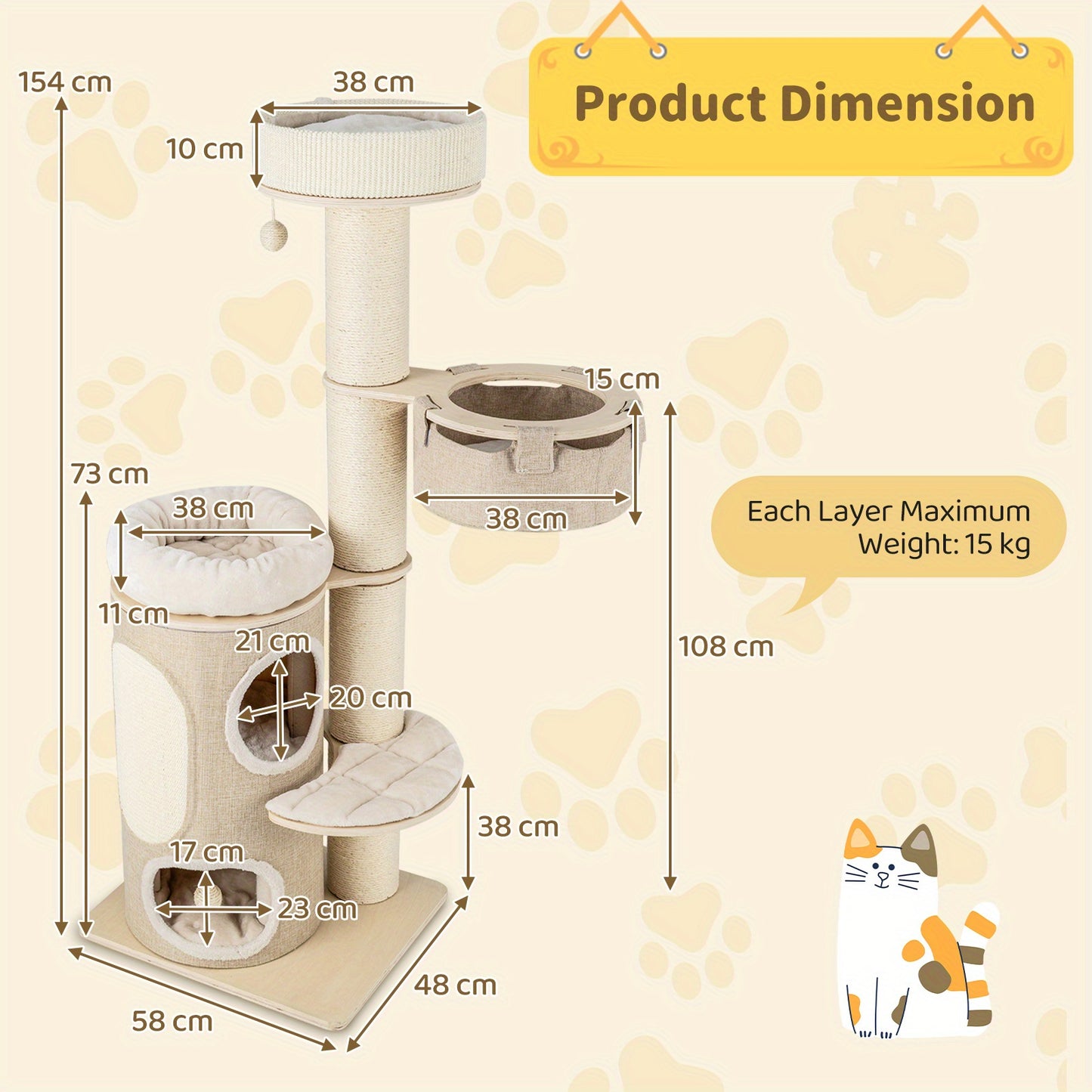 Krabpaal – Kattenboom – Kattenhuis – Kattenmeubel – Kattentoren – 154 cm Hoog – Stevige Basis met Sisal Krabpalen