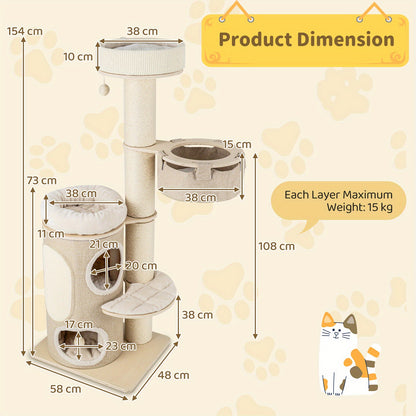 Krabpaal – Kattenboom – Kattenhuis – Kattenmeubel – Kattentoren – 154 cm Hoog – Stevige Basis met Sisal Krabpalen