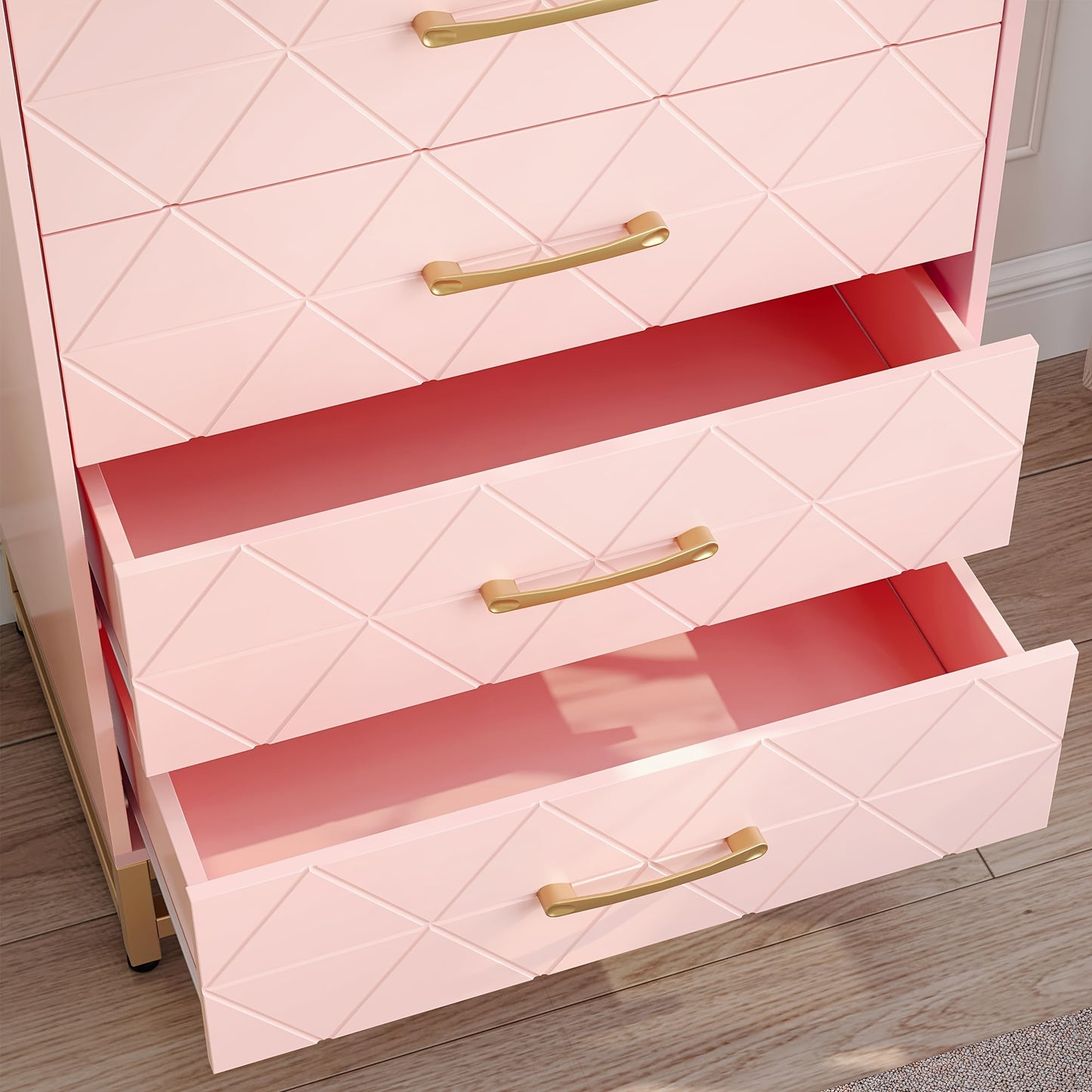 Ladekast – Dresser – Kast – Opbergkast – Ladekastje – Roze met Gouden Accenten – 3,2+ Kubieke Voet Opbergruimte – 68,5 cm Hoog – 2 Laden en 2 Planken – Stevig en Duurzaam – Eenvoudig Zelf Te Monteren