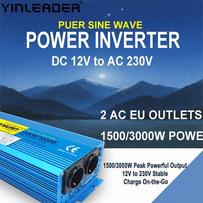 LVYUAN 1500W/3000W Pure Sine Wave Power Inverter 12V DC to 120V AC with 2 EU Sockets & Wireless Remote Control, LED Display, Overload Protection for Home Backup, RV, Solar, Camping, Boat, Emergency Power, Power Inverter for C