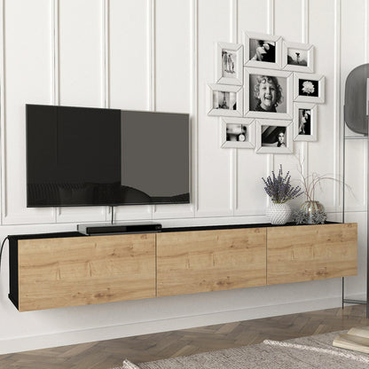 TV Meubel – TV Kast – TV Dressoir – Mediameubel – Hangend TV Meubel – Zwart & Eiken – 180x31x29,5 cm – 3 Opslagvakken