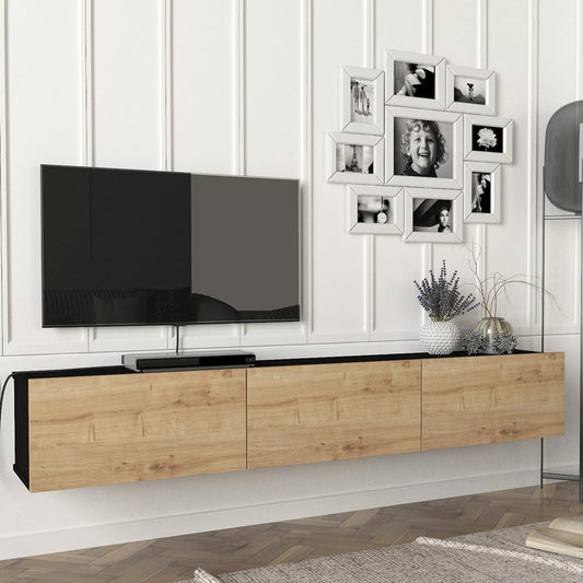 TV Meubel – TV Kast – TV Dressoir – Mediameubel – Hangend TV Meubel – Zwart & Eiken – 180x31x29,5 cm – 3 Opslagvakken