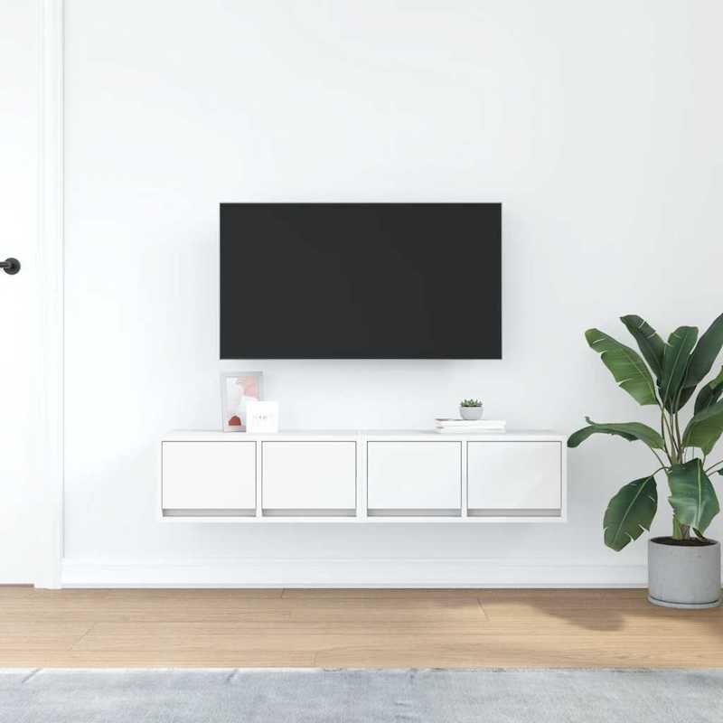 2pcs White Modern Minimalist Floating TV Stand with Storage - Heavy-Duty Hardwood Construction, Wall-Mounted Media Console with Open & Closed Shelving, Space-Saving Design for Flat-Screen TVs, Cable Management System, Easy As