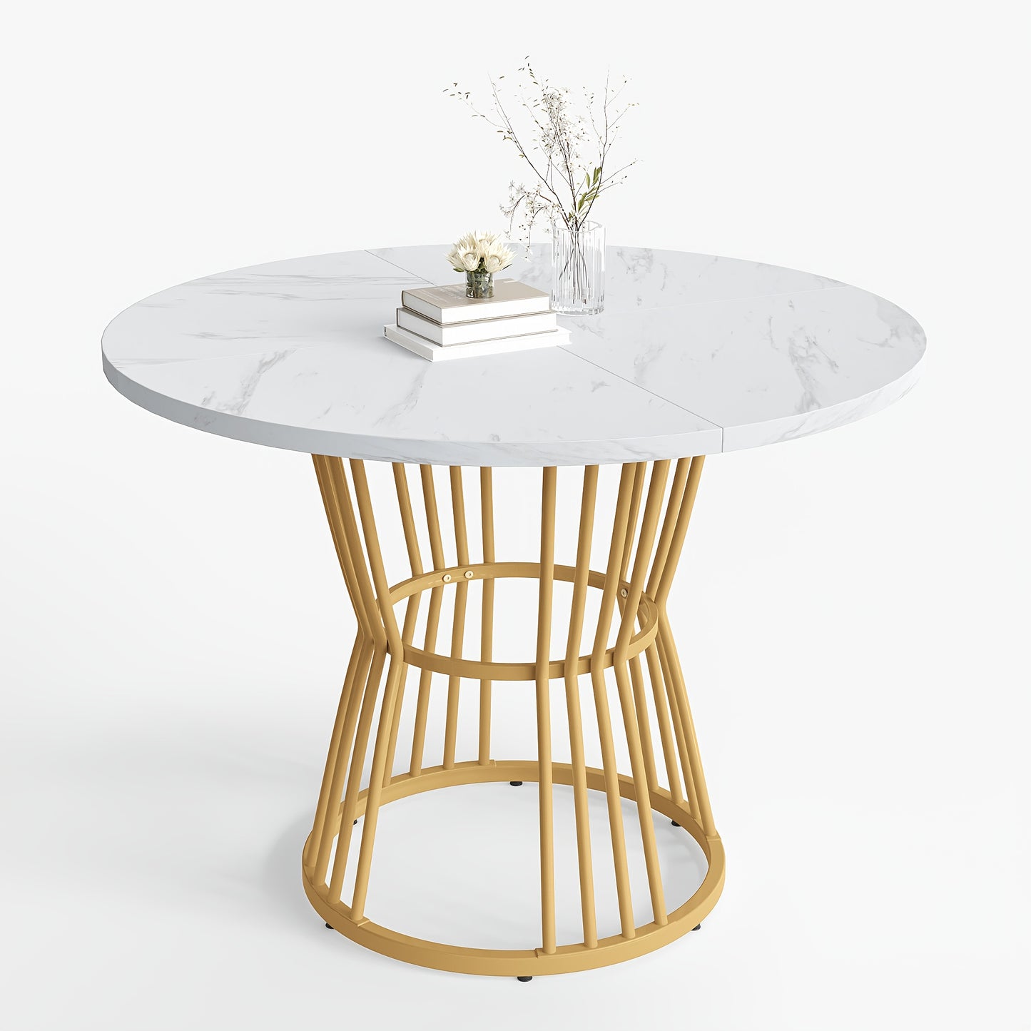 1pc Modern White & Golden Dining Table with Sturdy Metal Frame - Marble Tabletop Suitable, Breakfast Nook, Dining Room - Contemporary Minimalist,, No Assembly Required (Table Only)
