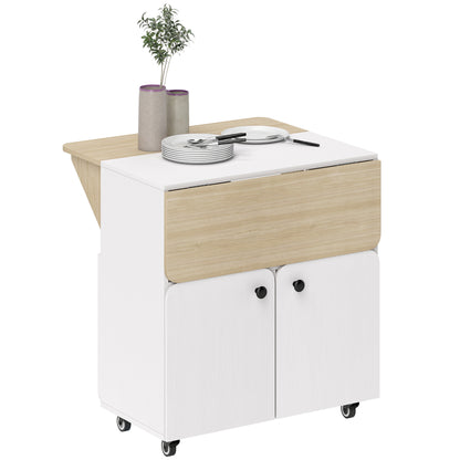 Klaptafel – Vouwtafel – Campingtafel – Tuintafel – Inklapbare Tafel – Met Opbergruimte – 4 Wieltjes – Wit/Natuurlijk Hout – 70x83x75 cm