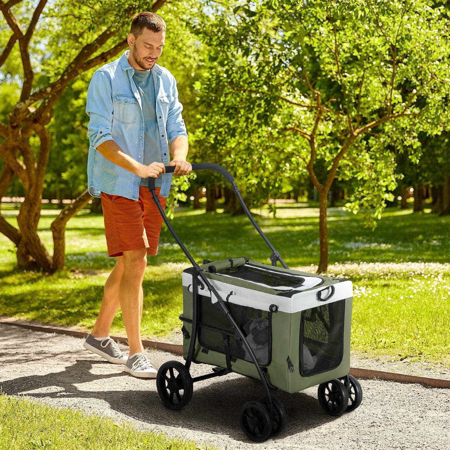 Dierenwagen – Hondenwagen – Huisdierenwagen – Opvouwbare Buggy – Wandelwagen – Comfortabele Bekleding – Veiligheidsharnassen – Donkergroen/Zwart/Wit – 81x58x97,5 cm