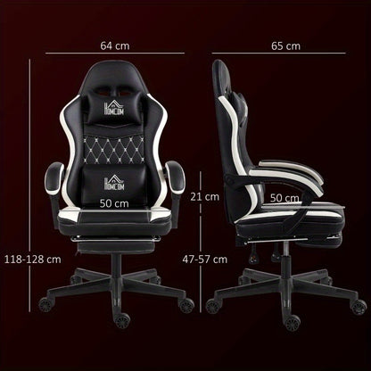 Ergonomic Gaming Chair with Footrest & Lumbar Support - Heavy-Duty Adjustable Height Recliner, 360° Swivel Memory Foam Computer Desk Chair, Manual Recline Handle, Headrest & 5-Wheel Base for Office, PC, Computer (Black/White