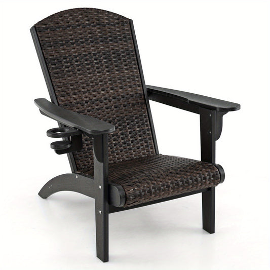 Tuinstoel – Adirondack Stoel – Buitenstoel – Loungestoel – Terrasstoel – Weerbestendig PE Rattan – Brede Armleuningen & Bekerhouder – Max. Draagkracht 150 kg