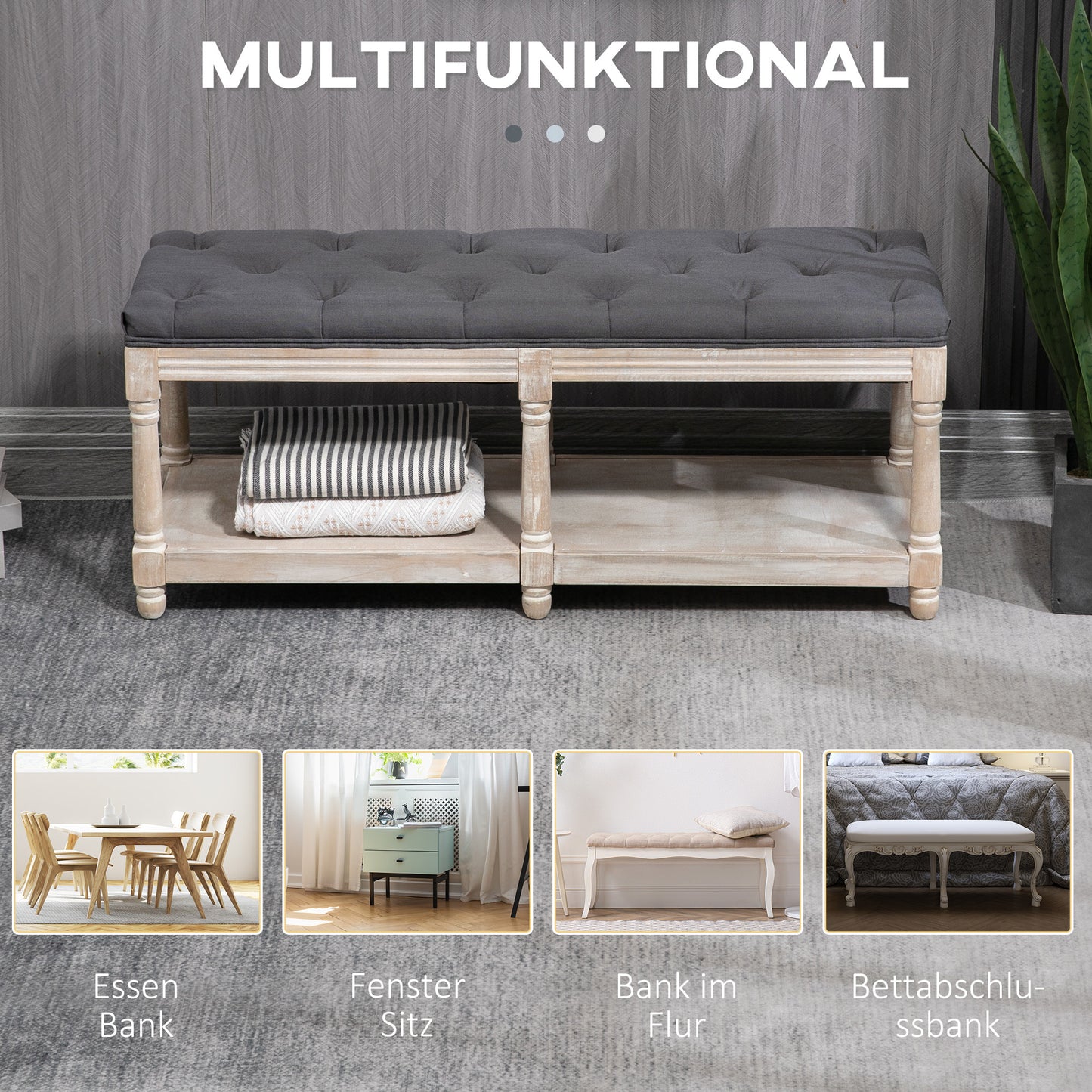 Opbergbank – Zitbank – Schoenenbank – Halbank – Opbergmeubel – Vintage Design – Rubberen Houten Frame – Comfortabele Zitting Met Knoopstiksel