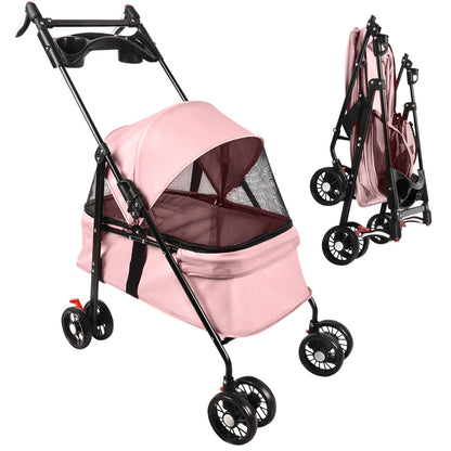 Inklapbare Hondenbuggy – Dierenwagen – Huisdierenwagen – Hondenkar – Kattenbuggy – Compact & Stevig Carbonstaal Frame – Max 15 Kg Draagvermogen – Roze 50x70x95 cm