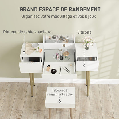 Kaptafel – Make-up Tafel – Schminktafel – Dressing Table – Cosmeticatafel – Met Spiegel en Kruk – 3 Lades en Tempered Glasblad – Metalen Poten – Wit – 105,5x30x130,5 cm
