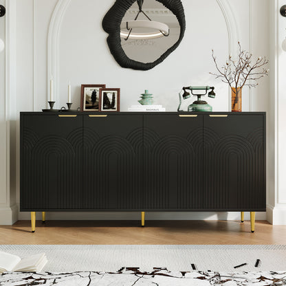 Dressoir – Dressoirkast – Opbergkast – Kast – Ladekast – Modern Design – Zwart MDF Met Hardhouten Afwerking – 160x80x40 cm – Vier Deuren Met Gouden Handgrepen