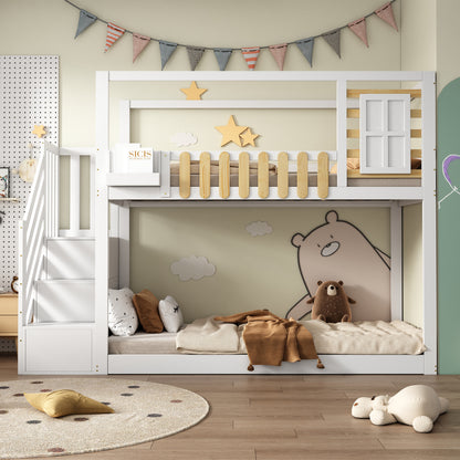 Wit Stapelbed – Kinderbed – Hoogslaper – Bovenbed – Stapelbed Met Veiligheidsnet – Drie-Delige Opbergladder – Ruimtebesparend Twin/Full Bed – Stevige Ladder Met Bescherming