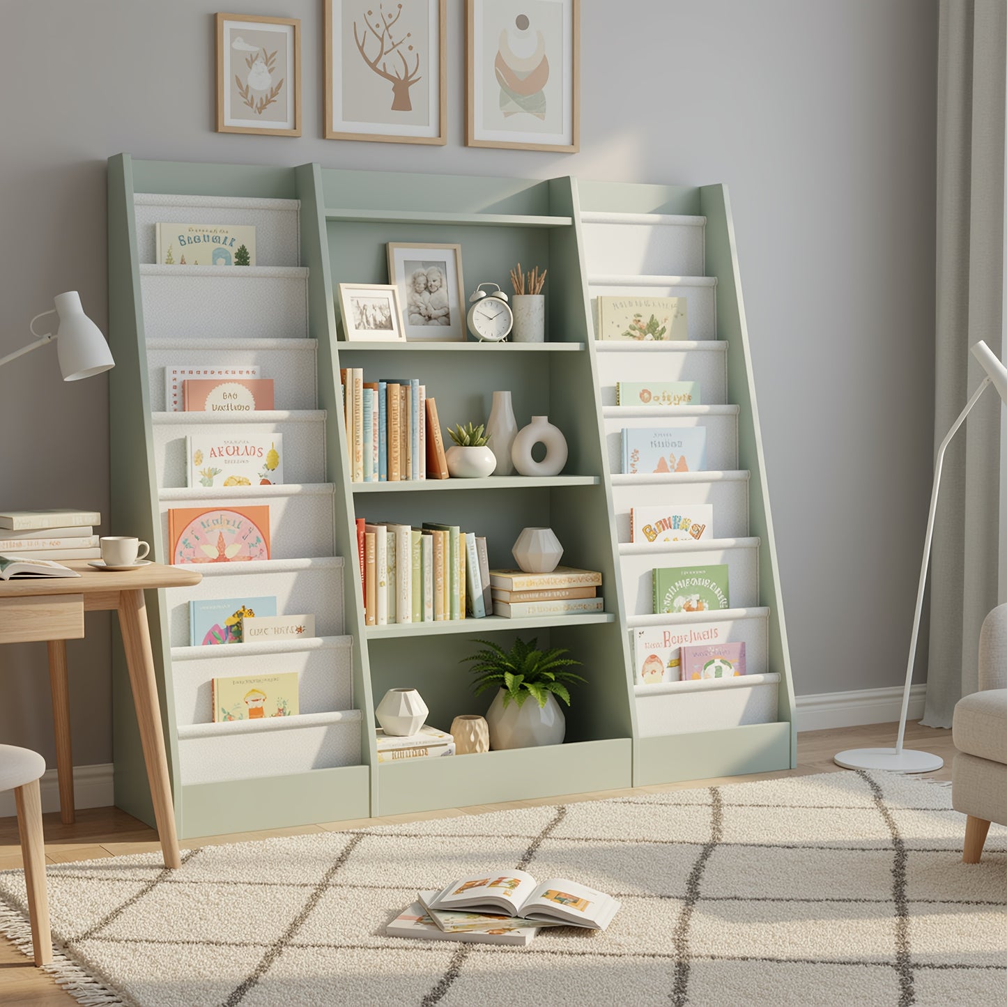 Boekenplank – Boekenkast – Wandrek – Opbergplank – Wandplank – 14 Vakken Met Stoffen Lades – Stevig Hardhout En Kunstboard – Vrijstaand En Ruimtebesparend Design