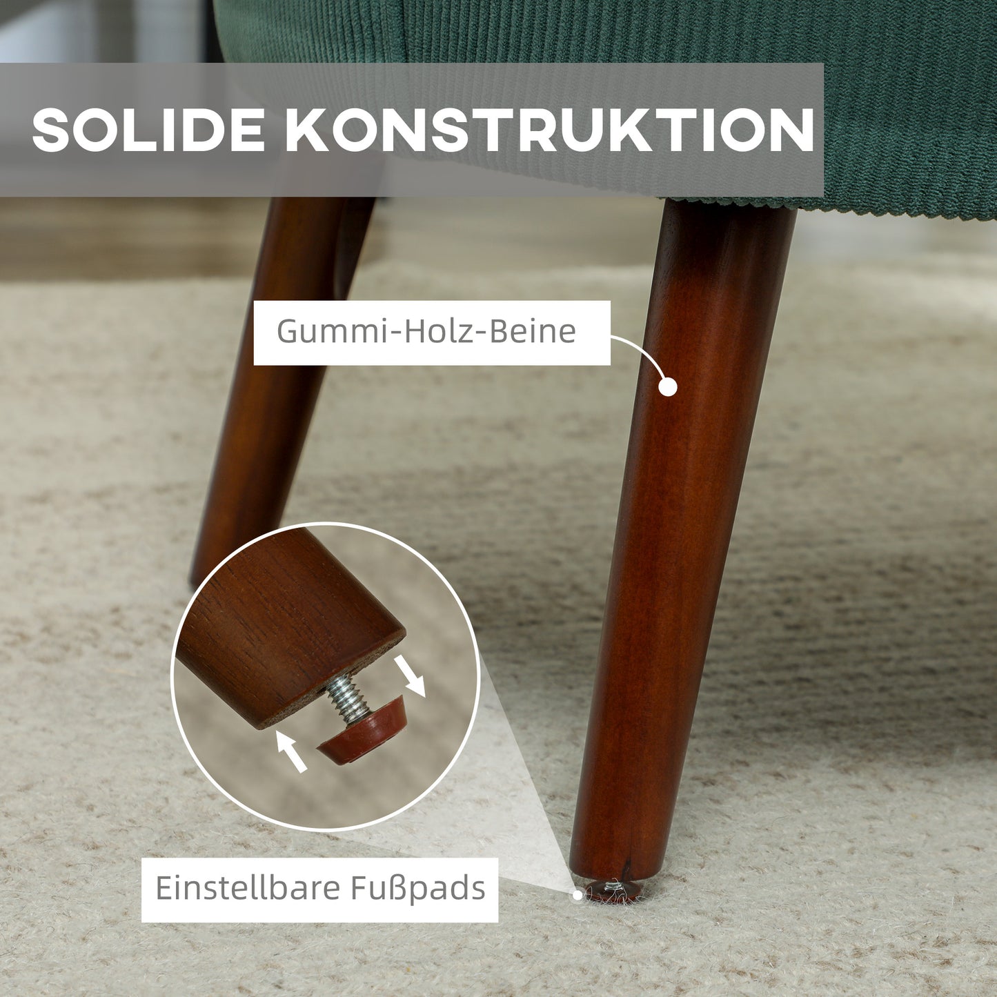 Fauteuil – Armstoel – Zitsstoel – Relaxstoel – Leesstoel – Donkergroene Cordstof – Met Wasbaar Lendenkussen