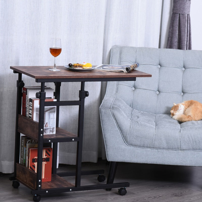 Zijtafel – Bijzettafel – Salontafel – Verstelbare Tafel – Wieltjes Tafel – Metalen Constructie – Verstelbare Hoogte 80x40x72,8 cm – Twee Planken – Bruin