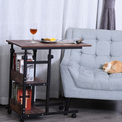 Zijtafel – Bijzettafel – Salontafel – Verstelbare Tafel – Wieltjes Tafel – Metalen Constructie – Verstelbare Hoogte 80x40x72,8 cm – Twee Planken – Bruin