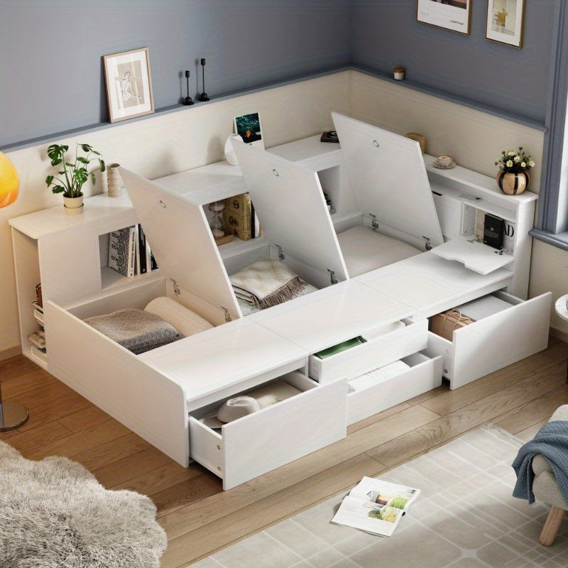 Eenpersoonsbed – Bed – Single Bed – Opbergbed – Slaapkamerbed – 90x200 cm – Ruimtebesparend Met Ingebouwde Lades En Kast – Duurzaam Onderhoudsvriendelijk Niet-Houten Materiaal