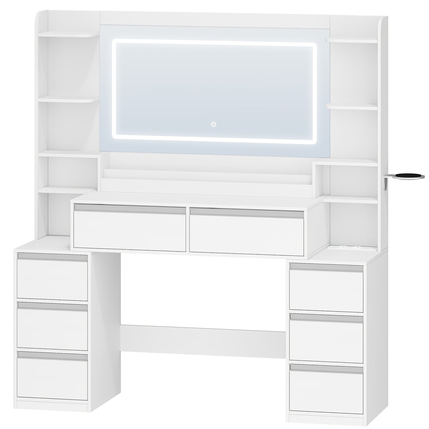 Kaptafel – Make-uptafel – Opmaaktafel – Schminktafel – Met Spiegel en Föhnhouder – 8 Lades & Open Vakken – 135x40x145 cm – Wit-Zilveren MDF
