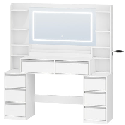Kaptafel – Make-uptafel – Opmaaktafel – Schminktafel – Met Spiegel en Föhnhouder – 8 Lades & Open Vakken – 135x40x145 cm – Wit-Zilveren MDF