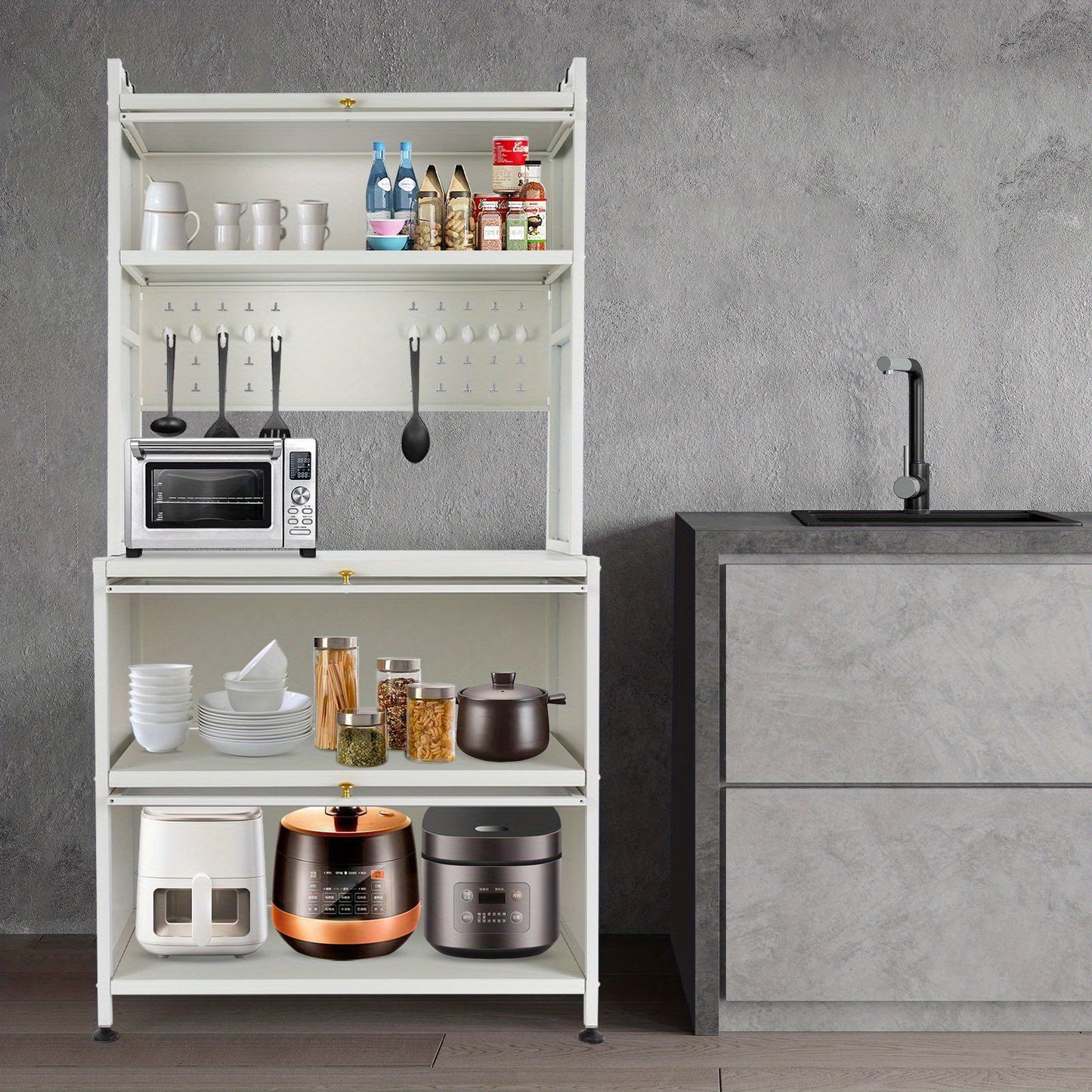 Keukenrek – Keukenkast – Keuken Organizer – Opbergrek – Keukenrek met Wieltjes – 5 Laags – Koolstofstaal – Wit – Compact 80 cm – Roestbestendig en Stevig