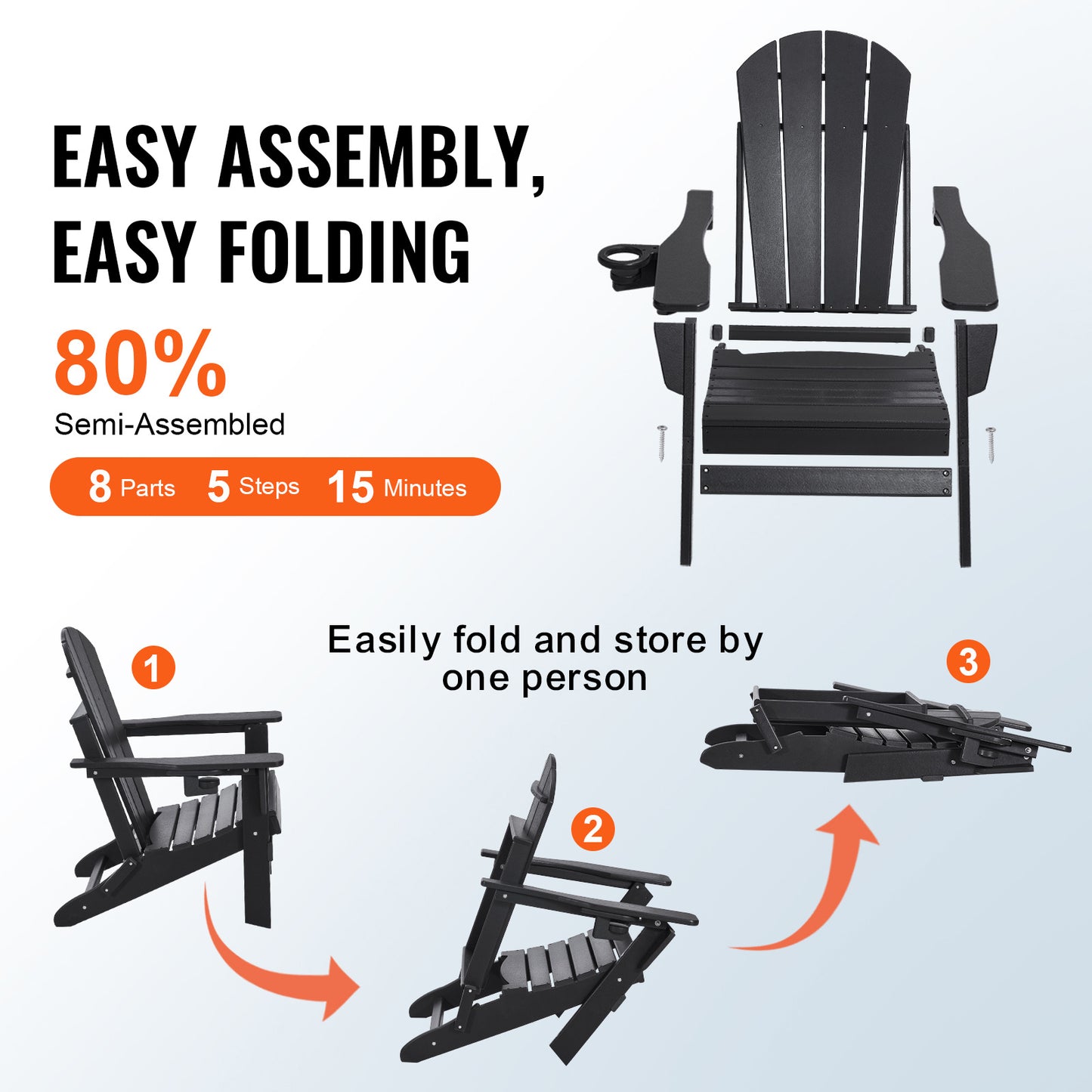 Inklapbare Adirondack Tuinstoelen – Tuinstoel, Schommelstoel, Buitenstoel, Campingstoel – Zwart – Weerbestendig HDPE Kunststof – Comfortabel Brede Zitting 105° Rugleuning