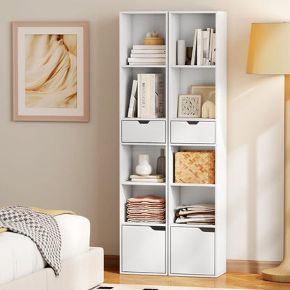 Boekenkast – Boekenrek – Vakkenkast – Opbergkast – Wandkast – 6-laags – Verstelbare Planken – Deuren & Lades – Ruimtebesparend Verticaal Design – Stevige Kunststof Constructie – Wit